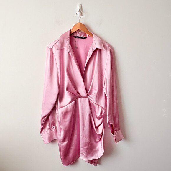 Zara Short Satin Effect Long Sleeve Mini Dress Pink Size Large Blogger Fav - Picture 7 of 11